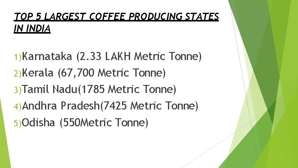 TOP 5 LARGEST COFFEE PRODUCING STATES IN INDIA 1)Karnataka (2. 33 LAKH Metric Tonne)