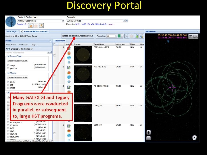 Discovery Portal Many GALEX GI and Legacy Programs were conducted in parallel, or subsequent