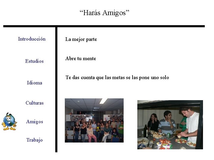 “Harás Amigos” Introducción Estudios Idioma Culturas Amigos Trabajo La mejor parte Abre tu mente