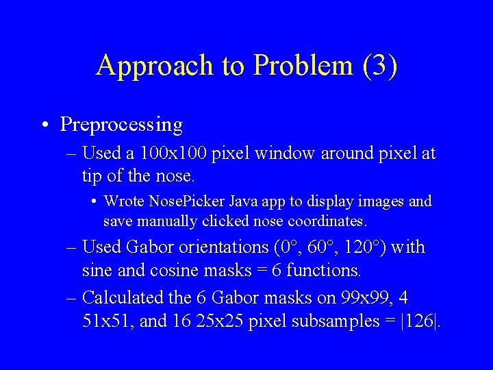 Approach to Problem (3) • Preprocessing – Used a 100 x 100 pixel window