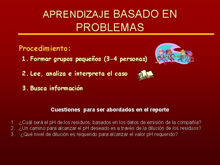 APRENDIZAJE BASADO EN PROBLEMAS Procedimiento: 1. Formar grupos pequeños (3 -4 personas) 2. Lee,