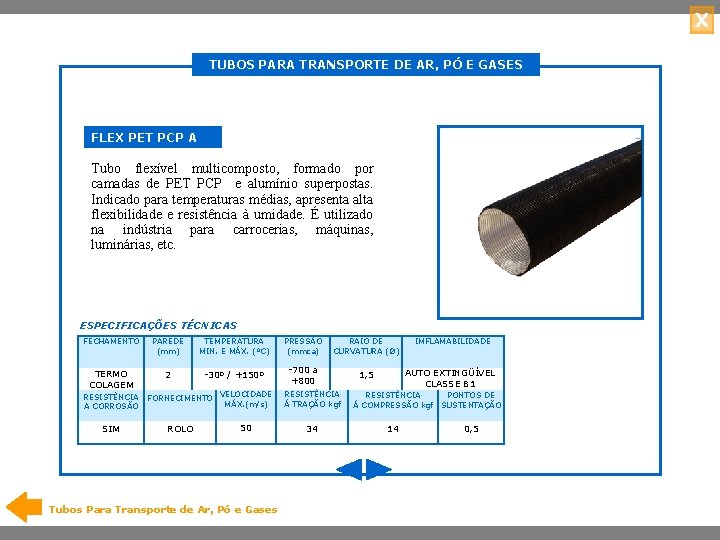 X TUBOS PARA TRANSPORTE DE AR, PÓ E GASES FLEX PET PCP A Tubo