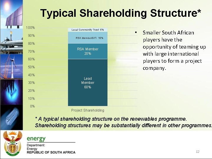 Typical Shareholding Structure* 100% 90% Local Community Trust 5% RSA Member/DFI 15% 80% 70%