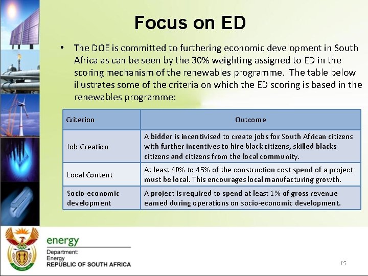 Focus on ED • The DOE is committed to furthering economic development in South