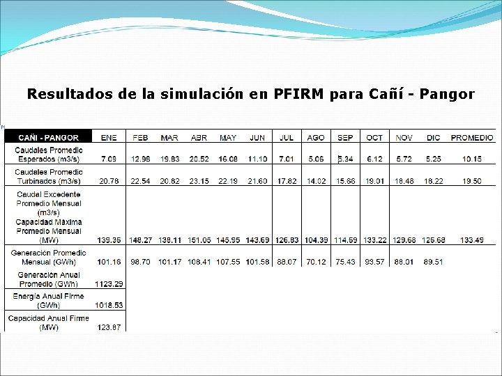Resultados de la simulación en PFIRM para Cañí - Pangor 
