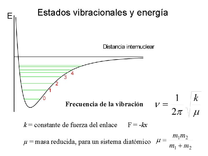 Estados vibracionales y energía Frecuencia de la vibración k = constante de fuerza del