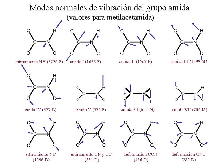 Modos normales de vibración del grupo amida (valores para metilacetamida) estiramiento NH (3236 F)