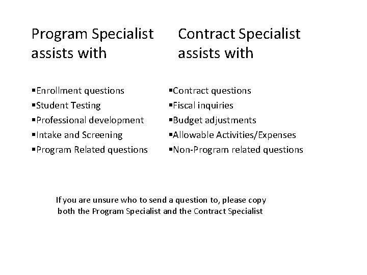 Program Specialist assists with §Enrollment questions §Student Testing §Professional development §Intake and Screening §Program