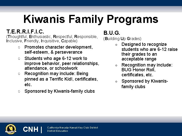 Kiwanis Family Programs T. E. R. R. I. F. I. C. (Thoughtful, Enthusiastic, Respectful,
