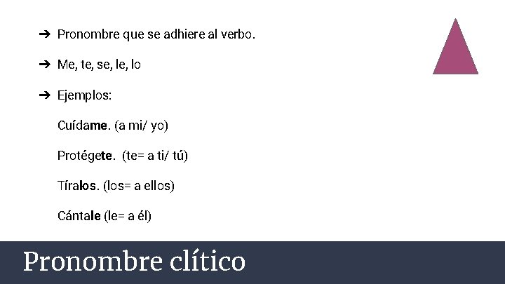 ➔ Pronombre que se adhiere al verbo. ➔ Me, te, se, lo ➔ Ejemplos: