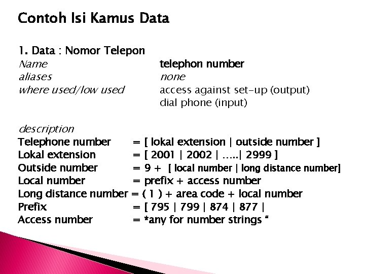 Contoh Isi Kamus Data 1. Data : Nomor Telepon Name aliases where used/low used