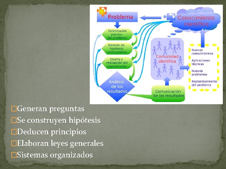 �Generan preguntas �Se construyen hipótesis �Deducen principios �Elaboran leyes generales �Sistemas organizados 