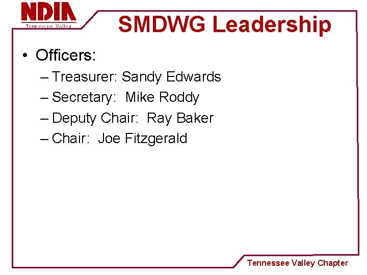 SMDWG Leadership • Officers: – Treasurer: Sandy Edwards – Secretary: Mike Roddy – Deputy