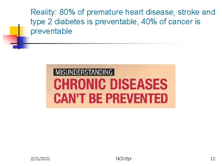 Reality: 80% of premature heart disease, stroke and type 2 diabetes is preventable, 40%