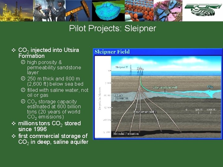 Pilot Projects: Sleipner v CO 2 injected into Utsira Formation ¾ high porosity &