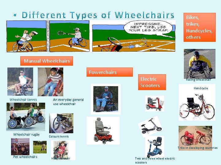 Bikes, trikes, Handcycles, others Diff Manual Wheelchairs Powerchairs Electric Scooters Wheelchair tennis Wheelchair rugby