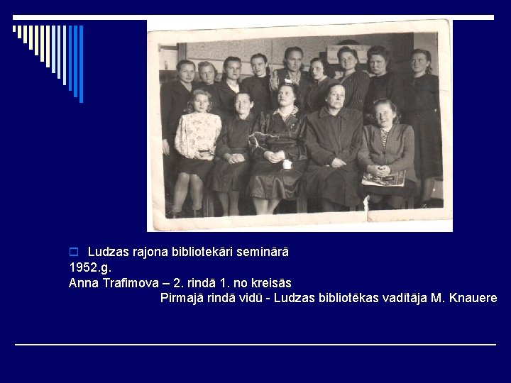 o Ludzas rajona bibliotekāri seminārā 1952. g. Anna Trafimova – 2. rindā 1. no