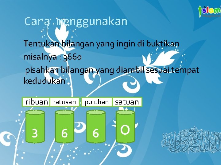 Cara menggunakan Tentukan bilangan yang ingin di buktikan misalnya : 3660 pisahkan bilangan yang