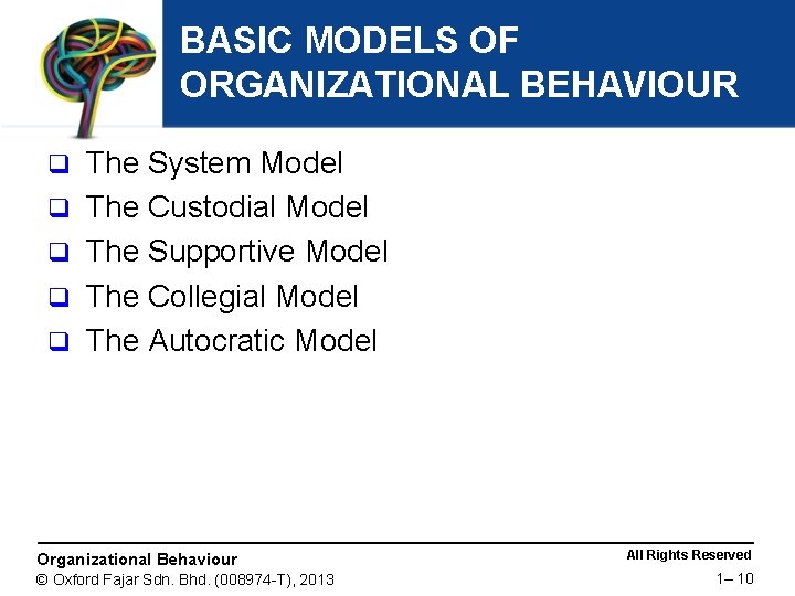 BASIC MODELS OF ORGANIZATIONAL BEHAVIOUR q q q The System Model The Custodial Model