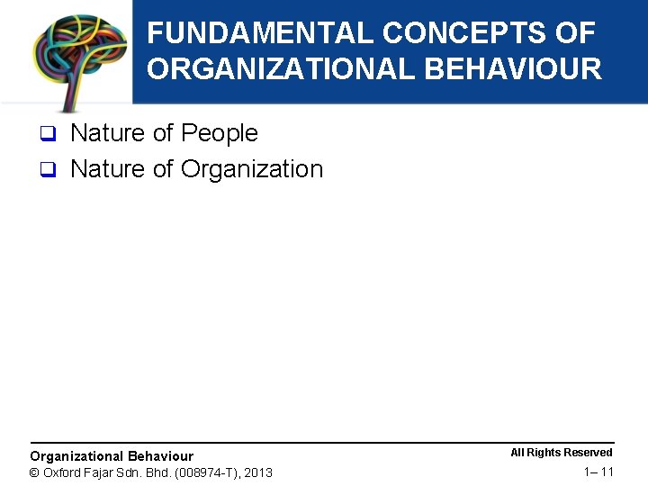 FUNDAMENTAL CONCEPTS OF ORGANIZATIONAL BEHAVIOUR Nature of People q Nature of Organization q Organizational