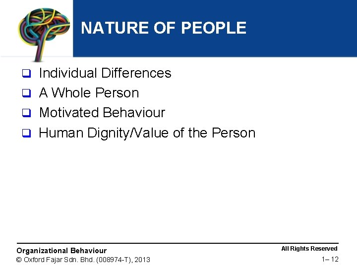 NATURE OF PEOPLE Individual Differences q A Whole Person q Motivated Behaviour q Human
