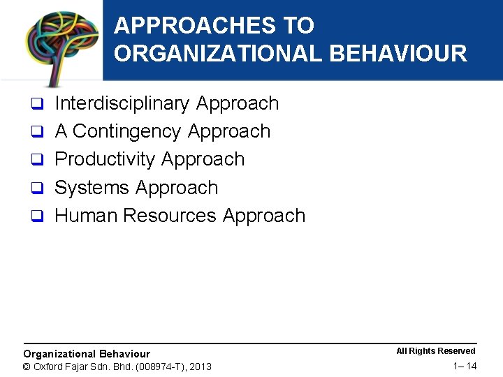 APPROACHES TO ORGANIZATIONAL BEHAVIOUR q q q Interdisciplinary Approach A Contingency Approach Productivity Approach