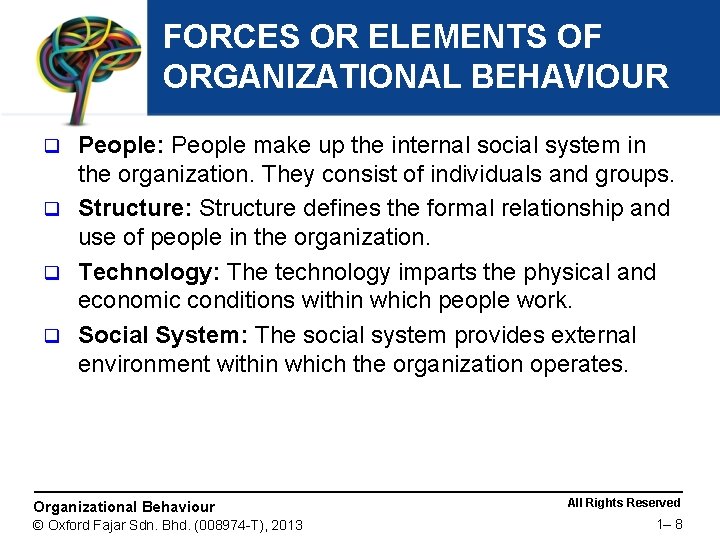 FORCES OR ELEMENTS OF ORGANIZATIONAL BEHAVIOUR People: People make up the internal social system