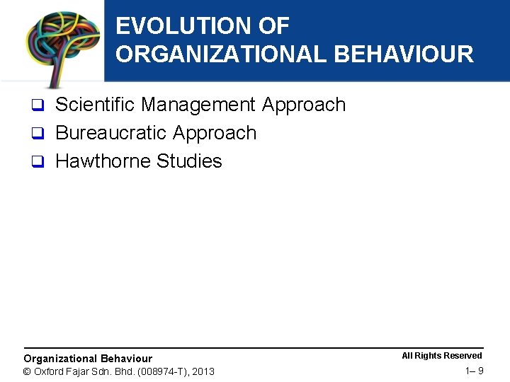 EVOLUTION OF ORGANIZATIONAL BEHAVIOUR Scientific Management Approach q Bureaucratic Approach q Hawthorne Studies q