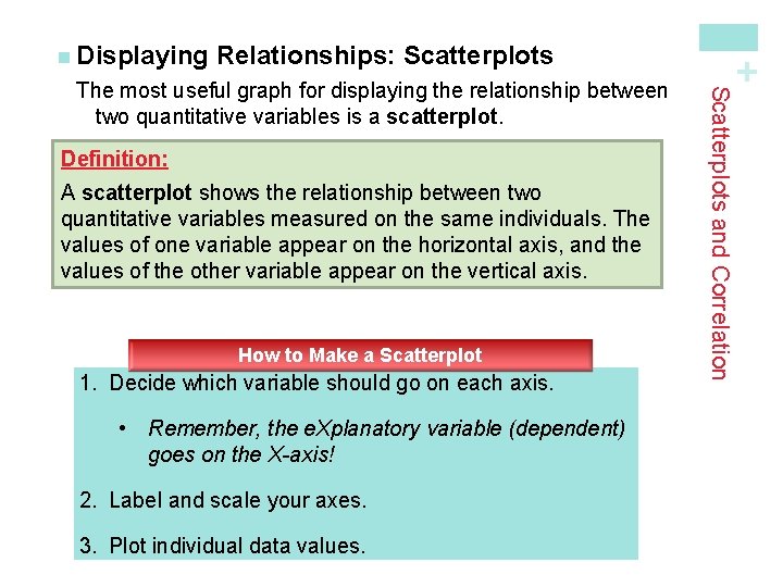 Relationships: Scatterplots Definition: A scatterplot shows the relationship between two quantitative variables measured on