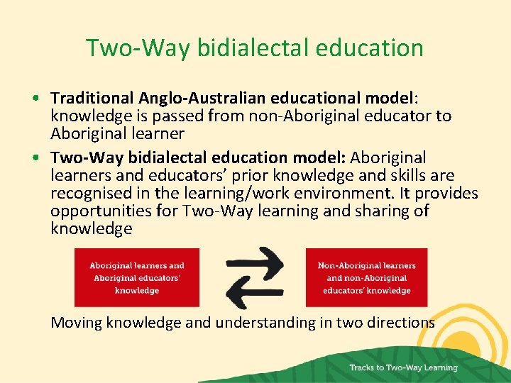 Two-Way bidialectal education • Traditional Anglo-Australian educational model: knowledge is passed from non-Aboriginal educator