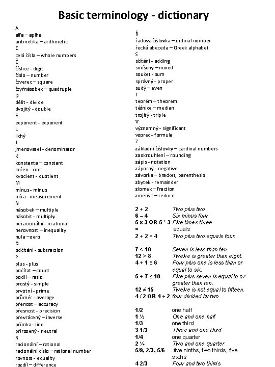 Basic terminology - dictionary A alfa – aplha aritmetika – arithmetic C celá čísla