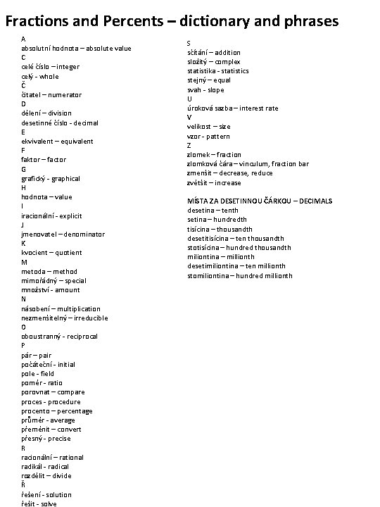 Fractions and Percents – dictionary and phrases A absolutní hodnota – absolute value C