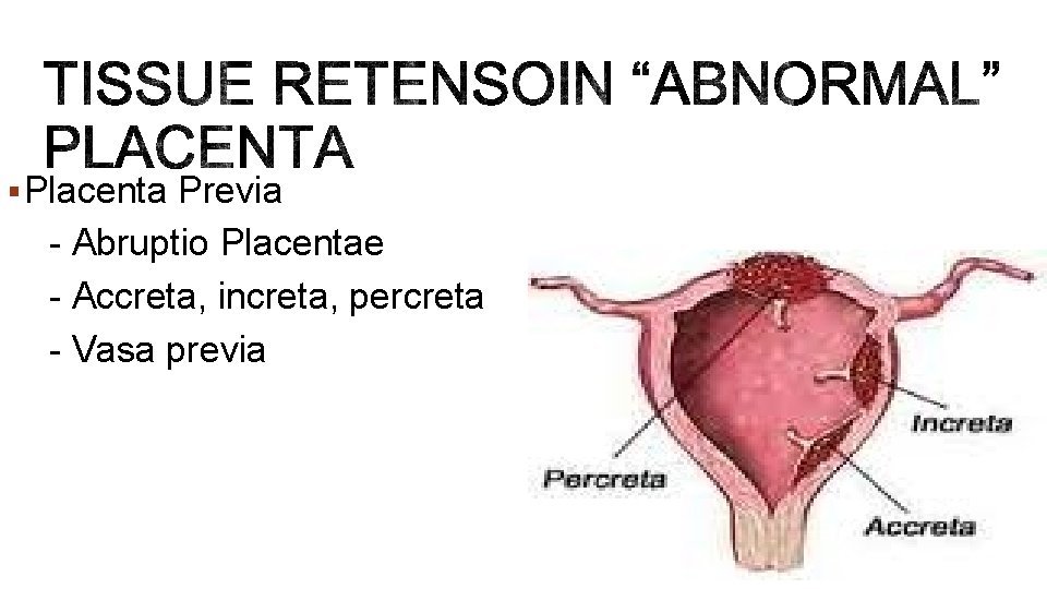 § Placenta Previa - Abruptio Placentae - Accreta, increta, percreta - Vasa previa 