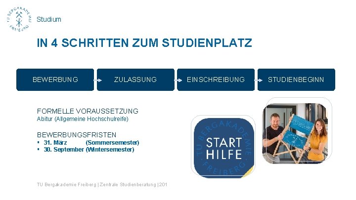 Studium IN 4 SCHRITTEN ZUM STUDIENPLATZ BEWERBUNG ZULASSUNG FORMELLE VORAUSSETZUNG Abitur (Allgemeine Hochschulreife) BEWERBUNGSFRISTEN