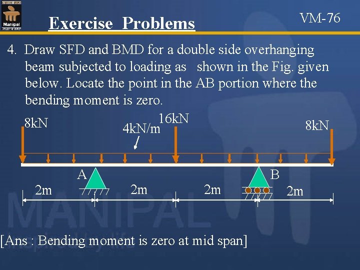 VM-76 Exercise Problems 4. Draw SFD and BMD for a double side overhanging beam