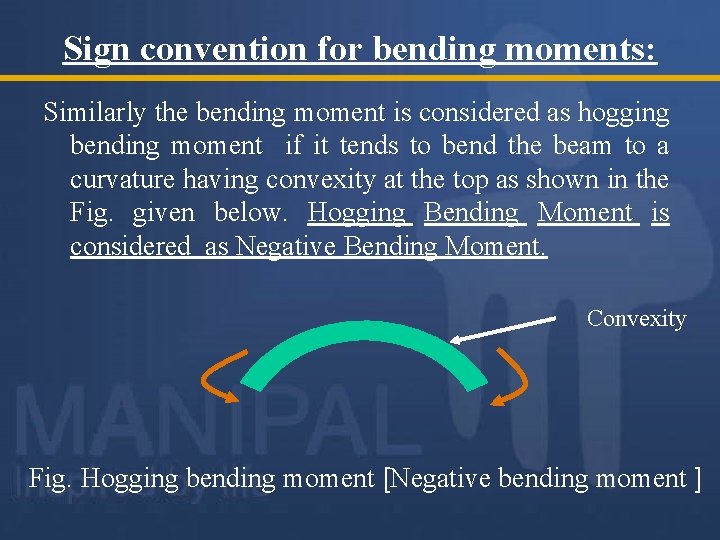 Sign convention for bending moments: Similarly the bending moment is considered as hogging bending