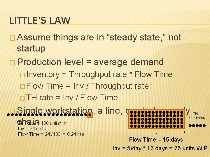 LITTLE’S LAW � Assume things are in “steady state, ” not startup � Production