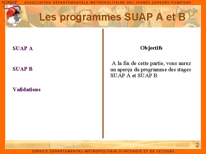 Les programmes SUAP A et B SUAP A Objectifs SUAP B A la fin