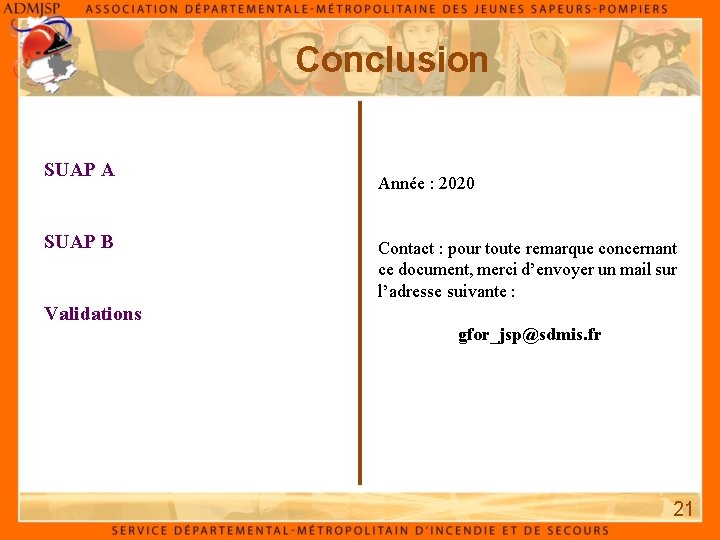 Conclusion SUAP A SUAP B Validations Année : 2020 Contact : pour toute remarque