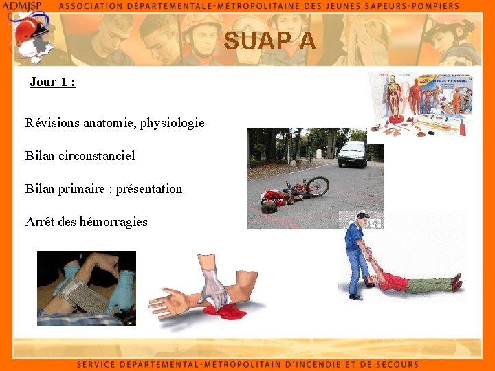 SUAP A Jour 1 : Révisions anatomie, physiologie Bilan circonstanciel Bilan primaire : présentation