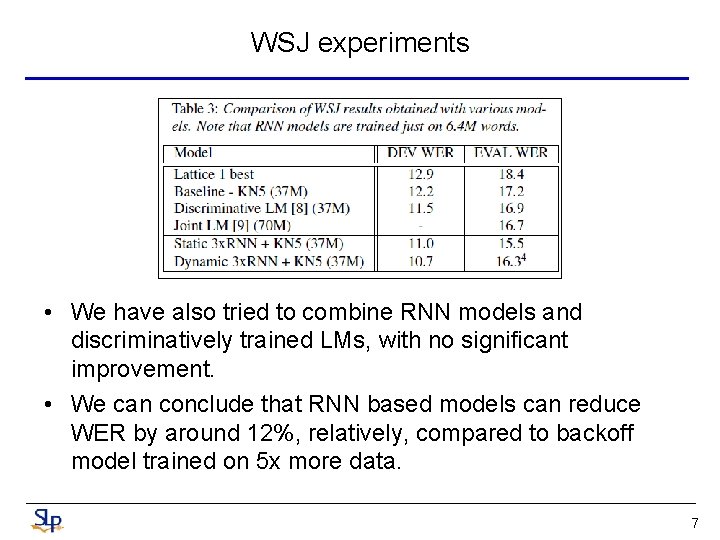 WSJ experiments • We have also tried to combine RNN models and discriminatively trained