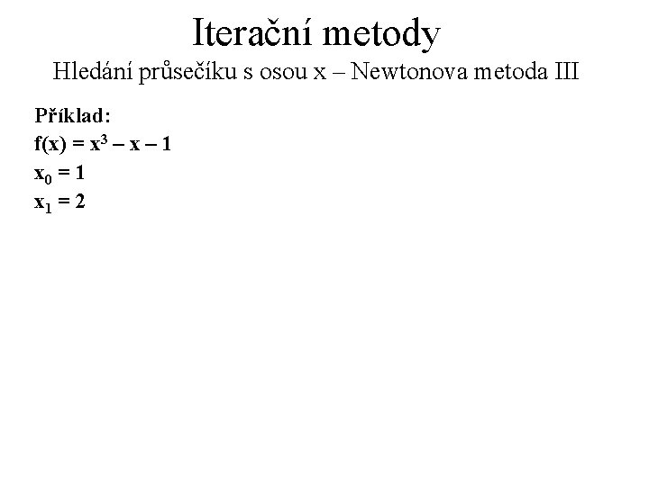 Iterační metody Hledání průsečíku s osou x – Newtonova metoda III Příklad: f(x) =