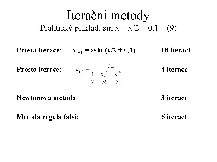 Iterační metody Praktický příklad: sin x = x/2 + 0, 1 (9) Prostá iterace: