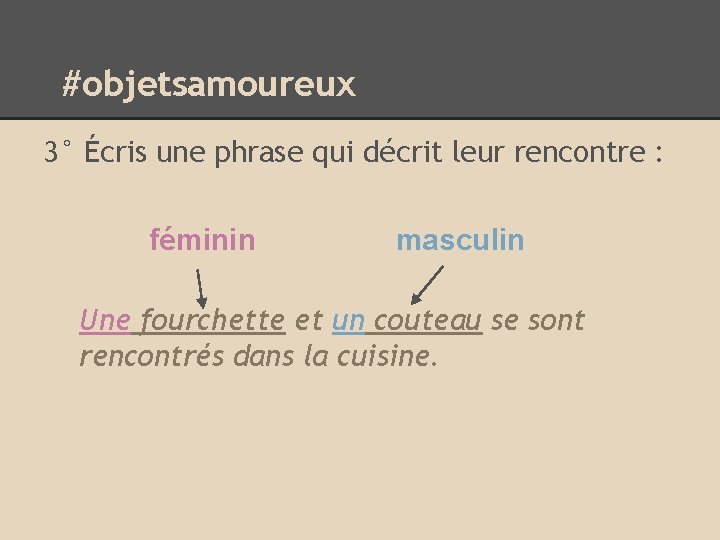 #objetsamoureux 3° Écris une phrase qui décrit leur rencontre : féminin masculin Une fourchette