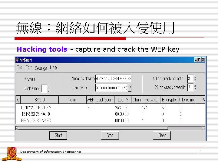 無線：網絡如何被入侵使用 Hacking tools - capture and crack the WEP key Department of Information Engineering