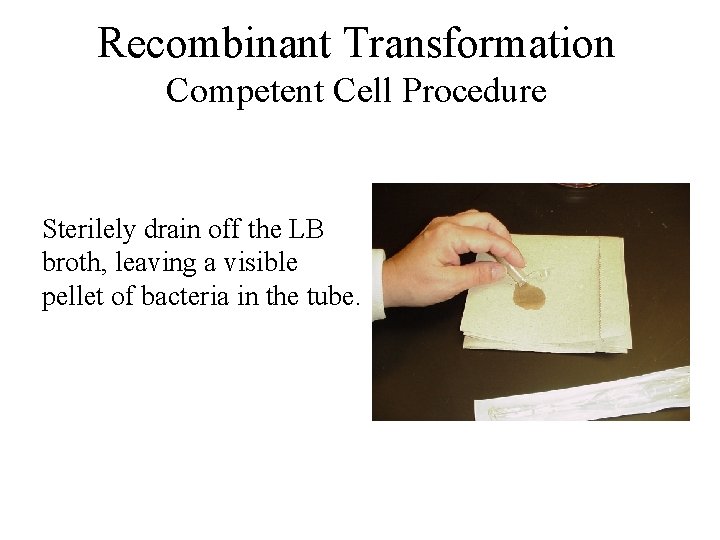Recombinant Transformation Competent Cell Procedure Sterilely drain off the LB broth, leaving a visible
