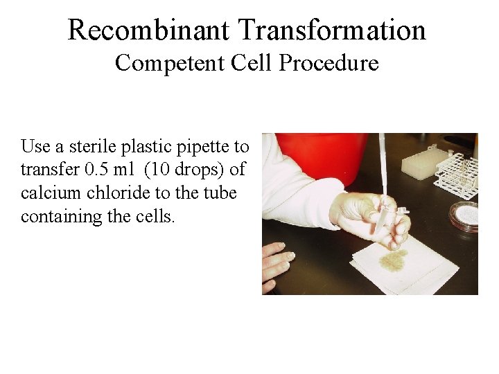 Recombinant Transformation Competent Cell Procedure Use a sterile plastic pipette to transfer 0. 5