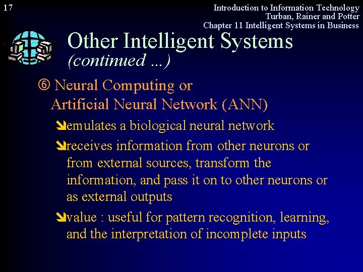 17 Introduction to Information Technology Turban, Rainer and Potter Chapter 11 Intelligent Systems in