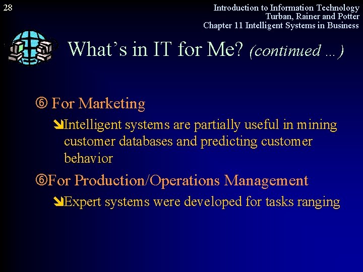 28 Introduction to Information Technology Turban, Rainer and Potter Chapter 11 Intelligent Systems in