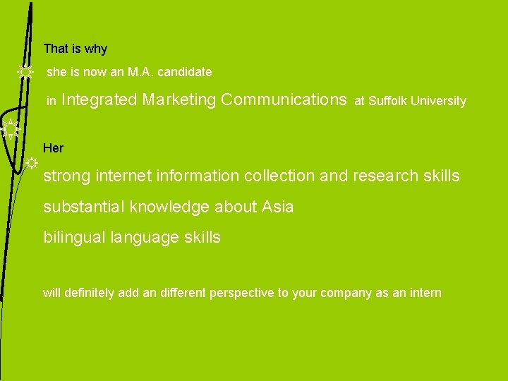 That is why she is now an M. A. candidate in Integrated Marketing Communications